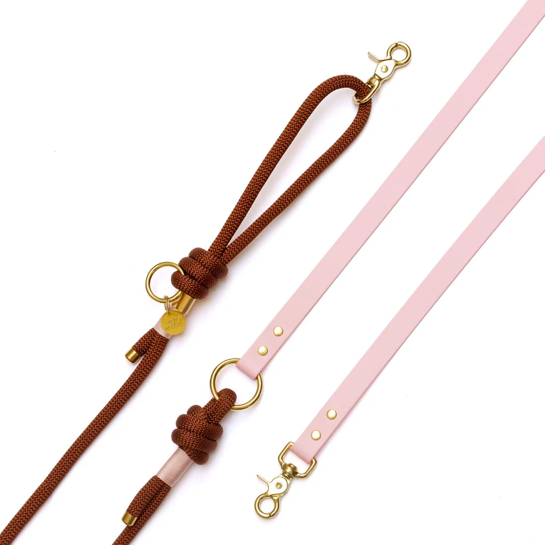 laisse mains libres corde et biothane marron rose