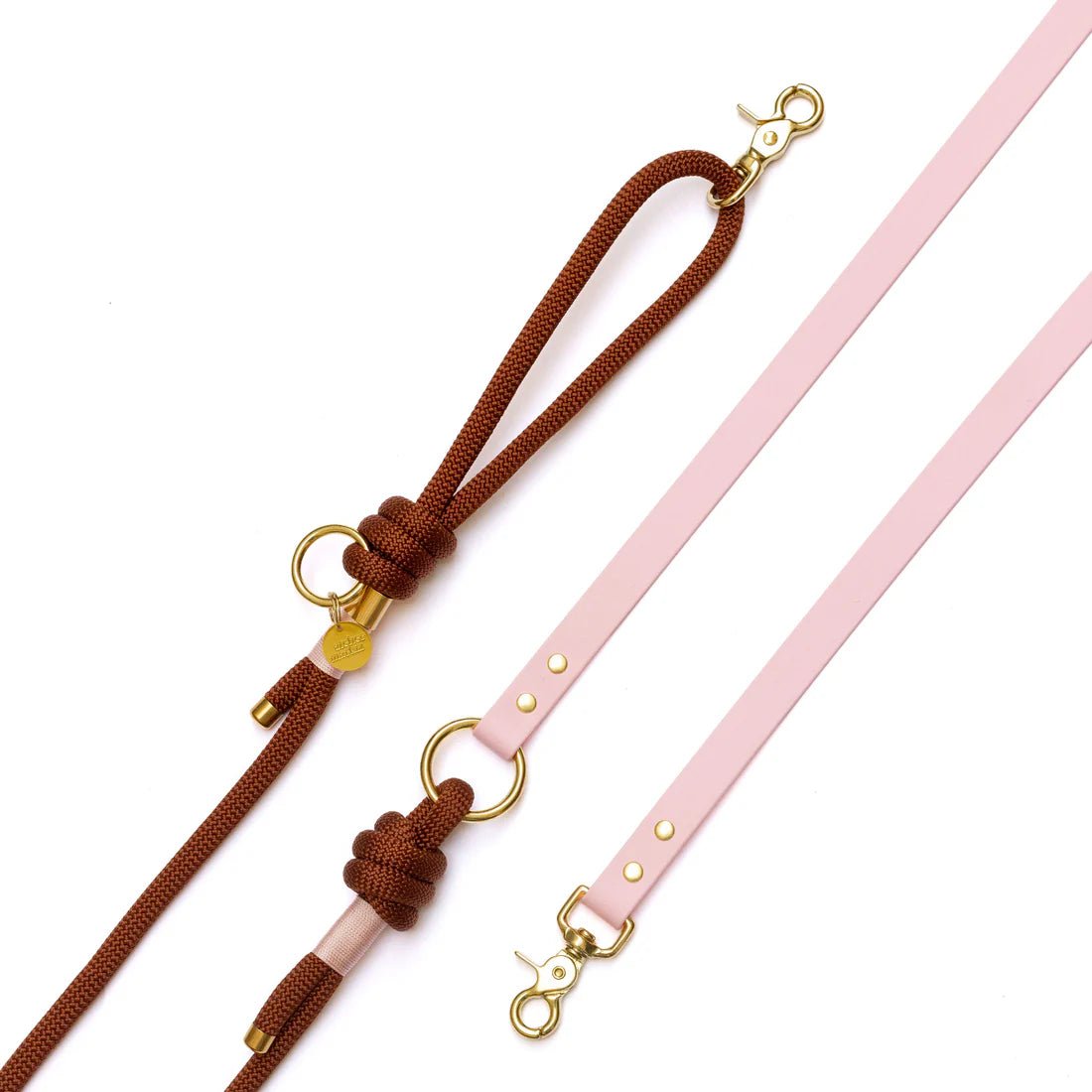 Laisse mains libres corde & Biothane marron rose – Élégance & confort - ATELIER MARKIZ - DOG DéliCAT