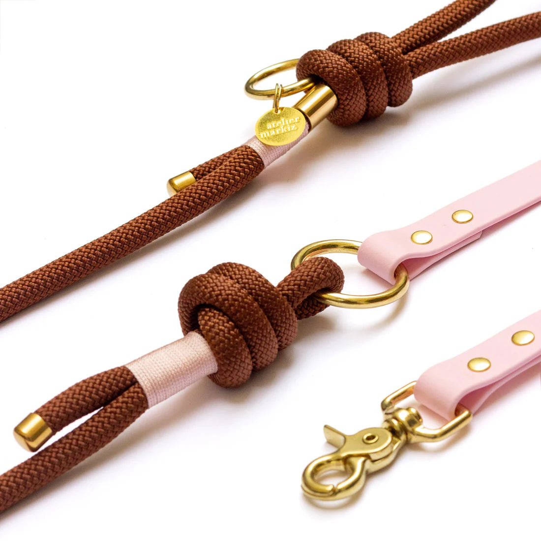 Laisse mains libres corde & Biothane marron rose – Élégance & confort - ATELIER MARKIZ - DOG DéliCAT