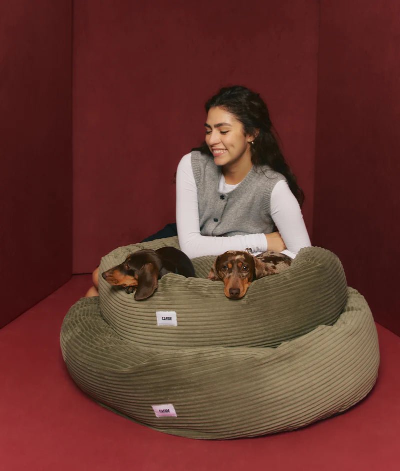 Lit rond NUBA en velours côtelé vert – Un cocon chic pour chien apaisé - CAFIDE - DOG DéliCAT