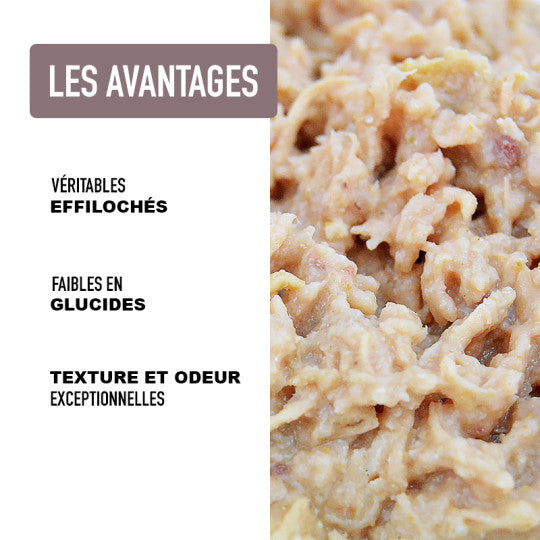 Pâtée sans céréales pour chat – Effilochés Poulet & Hareng 🐱 | Atavik