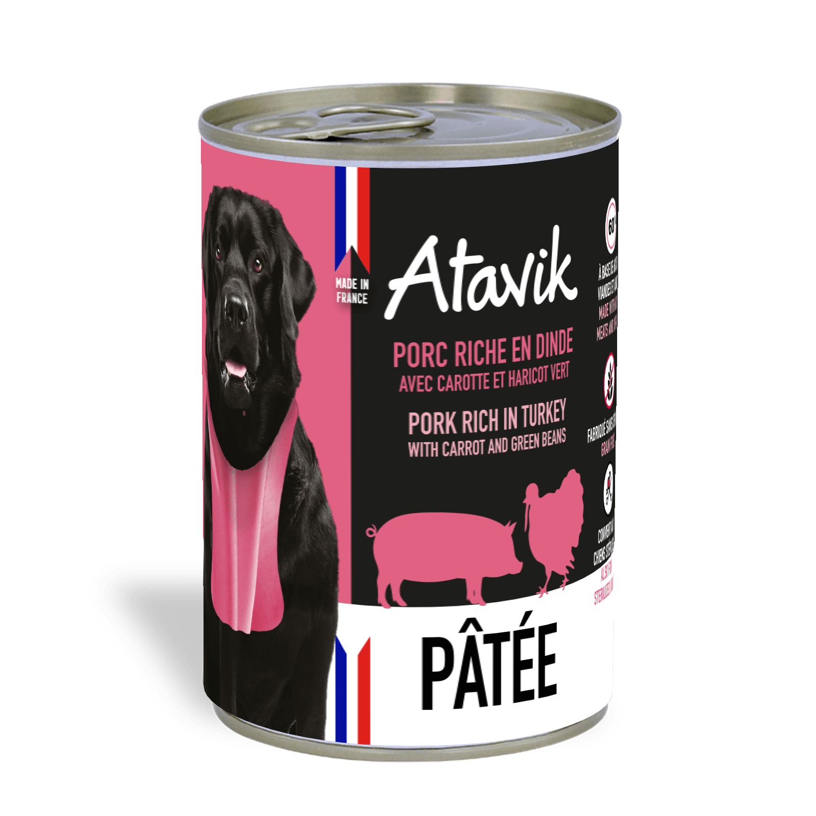 Pâtée chien - Terrine Porc riche en Dinde 400g Made in France - ATAVIK - DOG DéliCAT