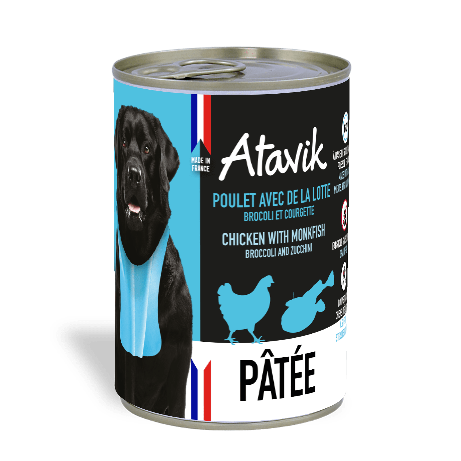 Pâtée chien - Terrine Poulet et à la Lotte 400g Made in France - ATAVIK - DOG DéliCAT