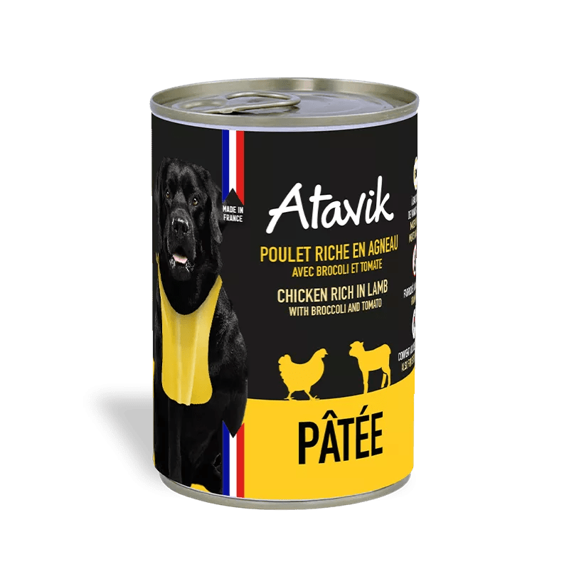 Pâtée chien - Terrine Poulet riche en Agneau 400g Made in France - ATAVIK - DOG DéliCAT