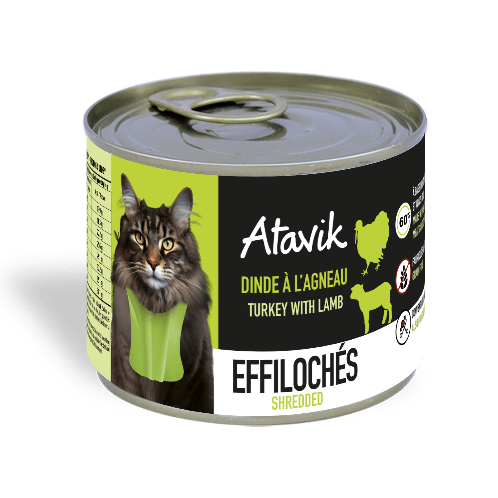 Pâtée sans céréales pour chat – Effilochés Dinde à l'Agneau (200g) - ATAVIK - DOG DéliCAT
