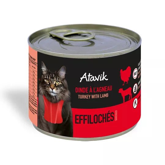 Pâtée sans céréales pour chat – Effilochés Dinde à l'Agneau (200g) - ATAVIK - DOG DéliCAT