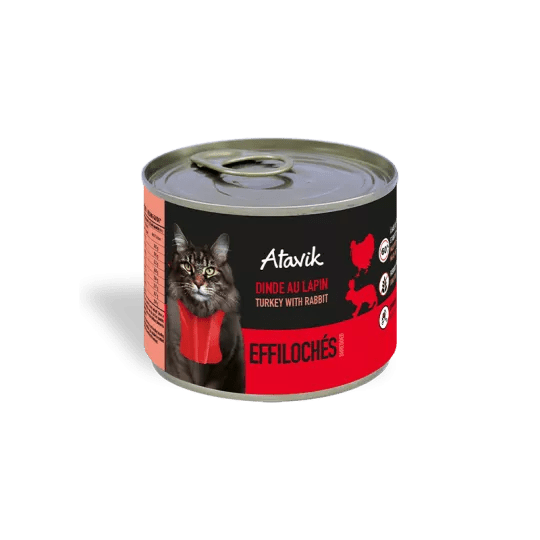 Pâtée sans céréales pour chat – Effilochés Dinde Lapin (200g) - ATAVIK - DOG DéliCAT