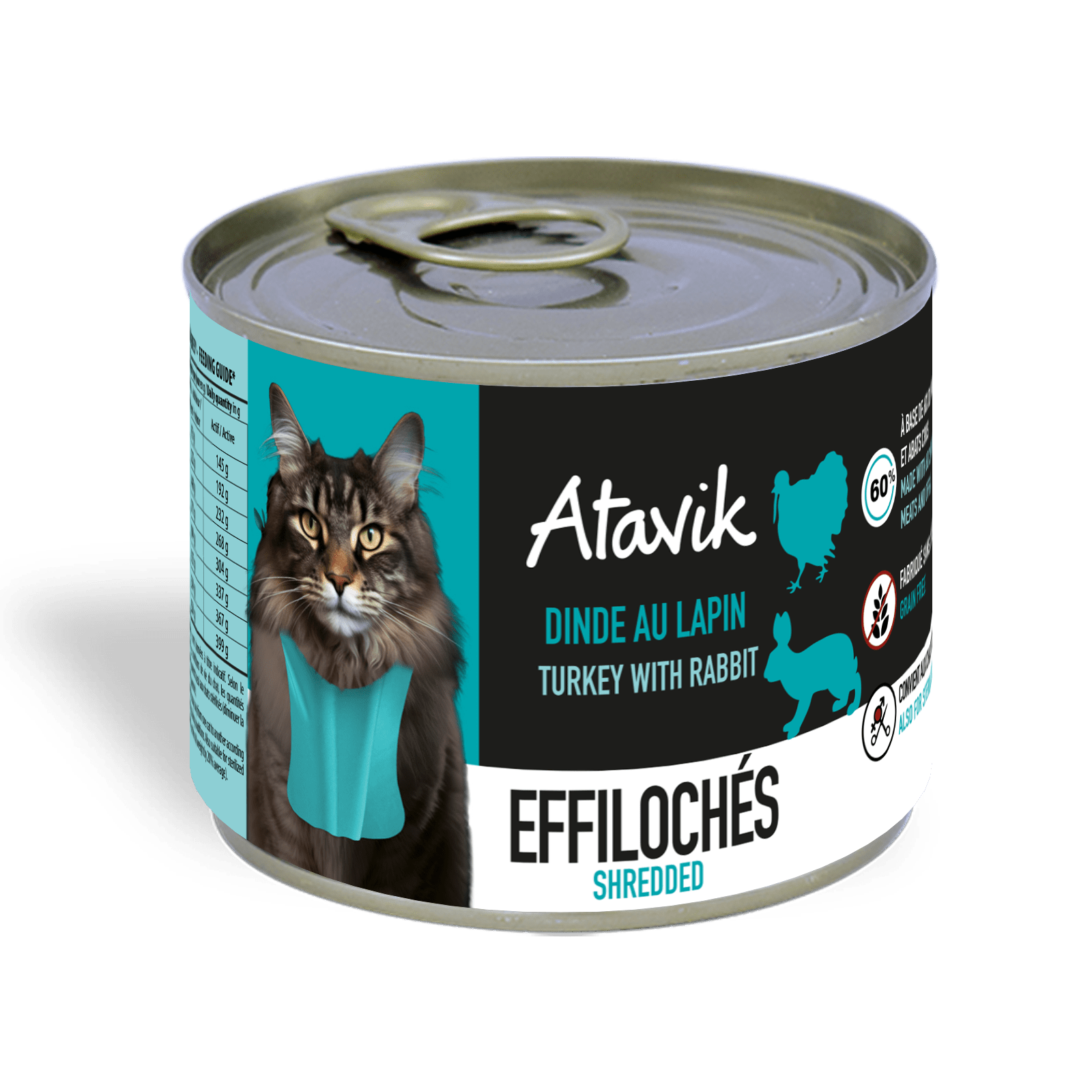 Pâtée sans céréales pour chat – Effilochés Dinde Lapin (200g) - ATAVIK - DOG DéliCAT