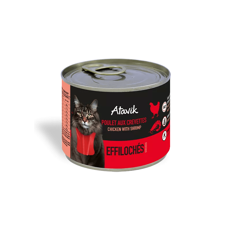 Pâtée sans céréales pour chat – Effilochés Poulet & Crevettes (200g) - ATAVIK - DOG DéliCAT