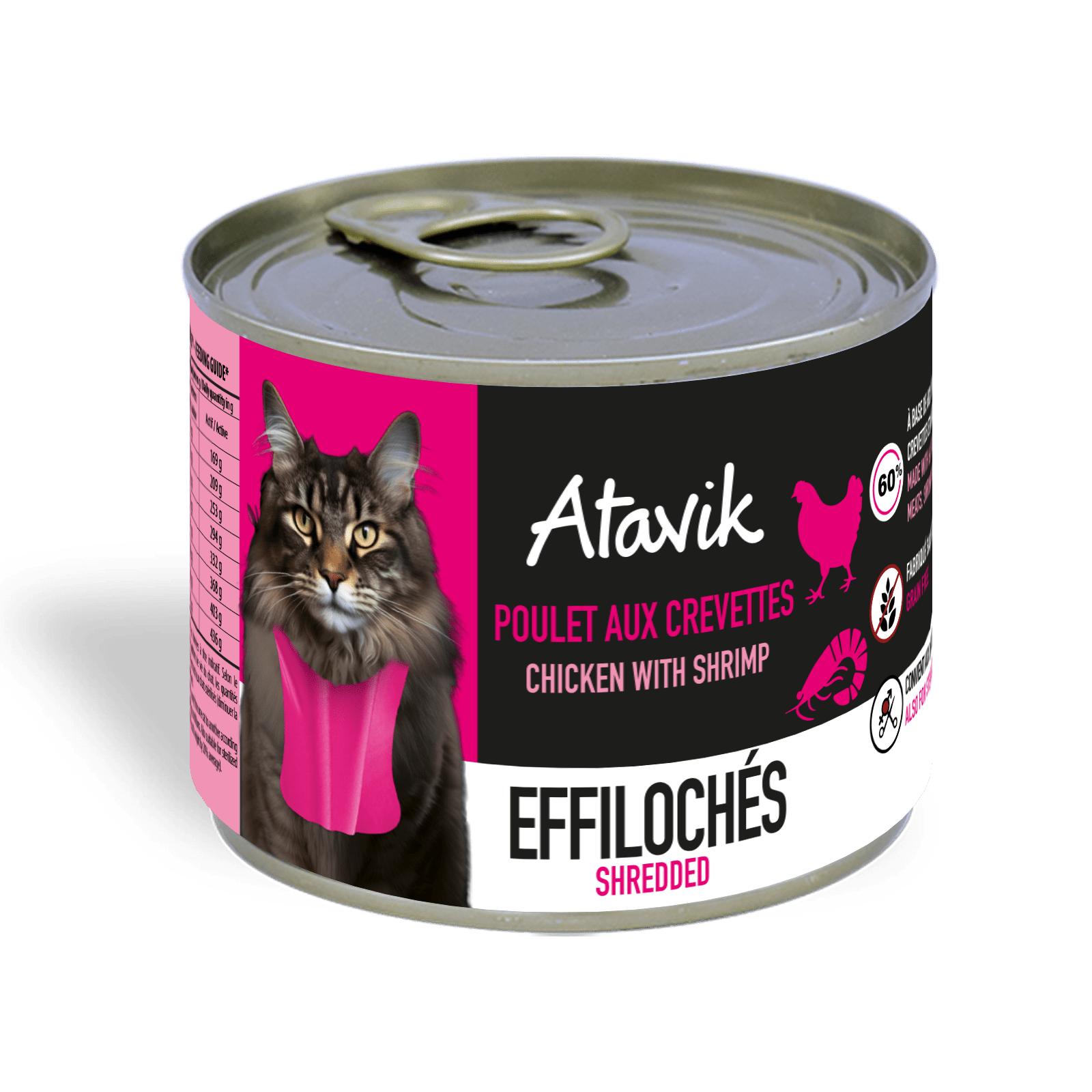 Pâtée sans céréales pour chat – Effilochés Poulet & Crevettes (200g) - ATAVIK - DOG DéliCAT