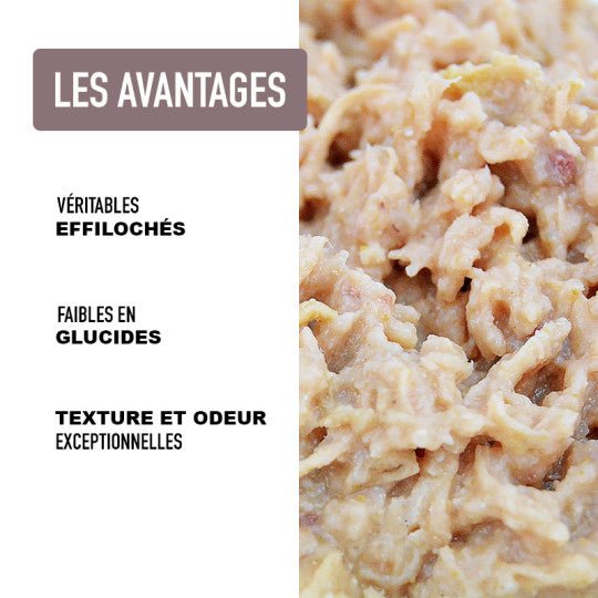 Pâtée sans céréales pour chat – Effilochés Poulet & Hareng (200g) - ATAVIK - DOG DéliCAT
