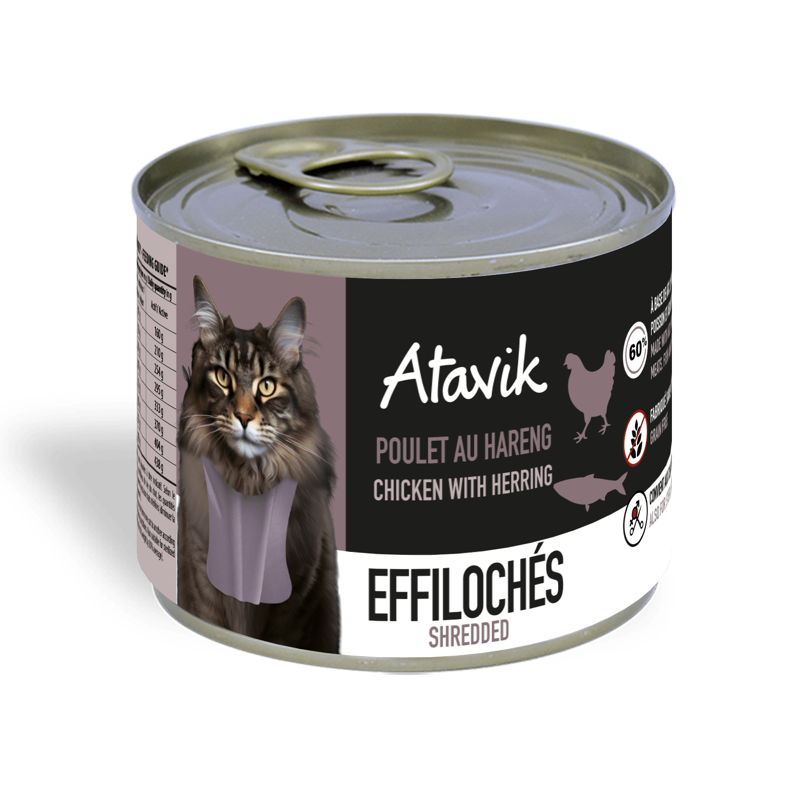 Pâtée sans céréales pour chat – Effilochés Poulet & Hareng (200g) - ATAVIK - DOG DéliCAT