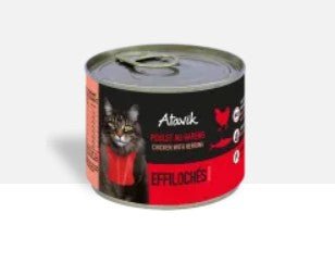 Pâtée sans céréales pour chat – Effilochés Poulet & Hareng (200g) - ATAVIK - DOG DéliCAT