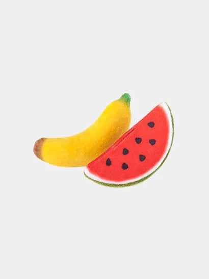Lot de jouets pour chat en forme de fruits 🍉 (Banane/Pastèque), remplis d'herbe à chat biologique de Pet PLAY – Écologique et stimulant pour votre chat.