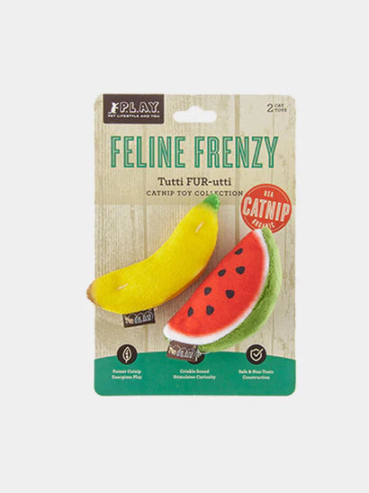 Lot de jouets pour chat en forme de fruits 🍉 (Banane/Pastèque), remplis d'herbe à chat biologique de Pet PLAY – Écologique et stimulant pour votre chat.