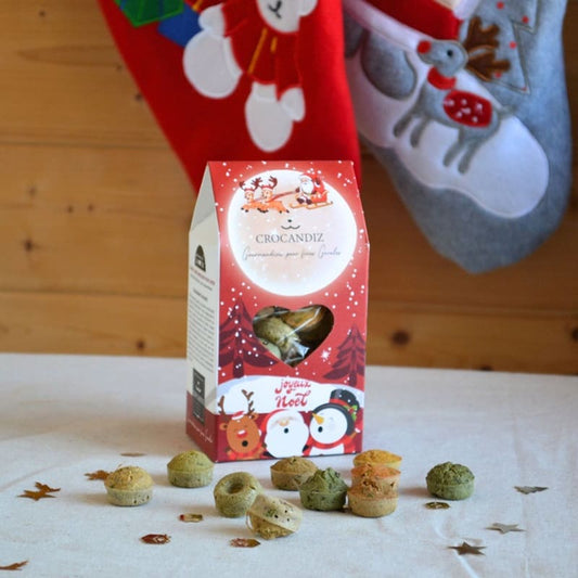 Sachet de Noël Crocandiz pour chien, 100 g de friandises naturelles aux saveurs agneau, bœuf, canard, poulet, poisson