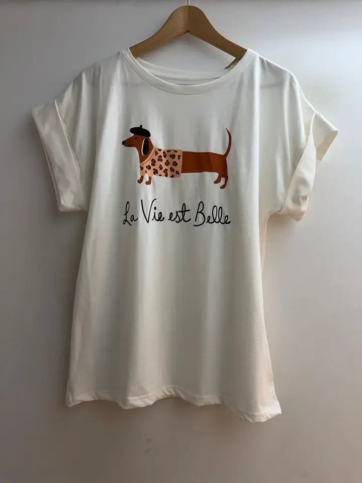 T-shirt imprimé chien teckel La Vie est Belle femme – Firstage Firenze – DOG DéliCAT