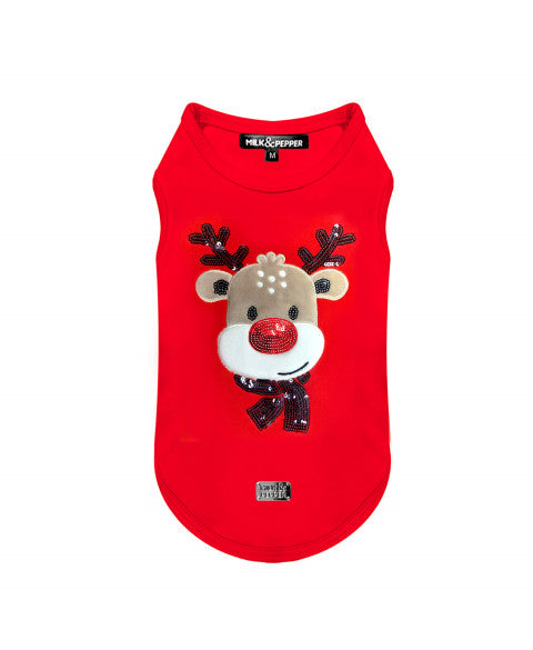 Tee Sweat Rouge "Renne" NIKKO - Sweat de Noël en velours rouge, avec la tête d'un renne en application velours et une petite plaque "Milk&Pepper" en titane en bas du dos.