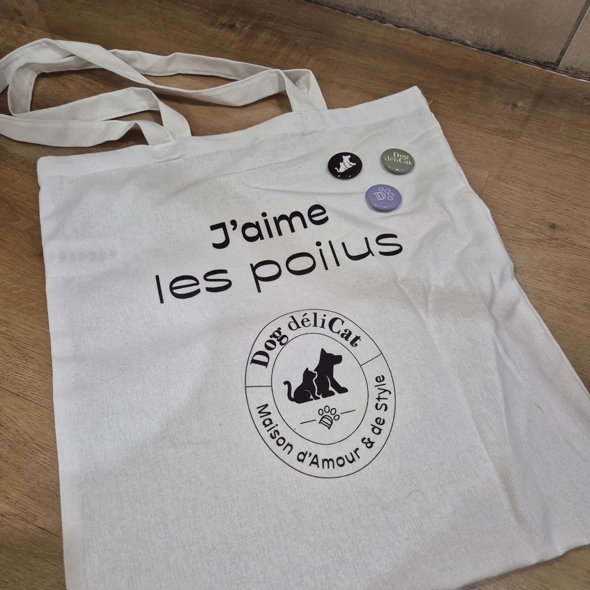 Tote bag chien chat – “J’aime les poilus” + 3 badges – DOG DéliCAT - DOG DéliCAT - DOG DéliCAT