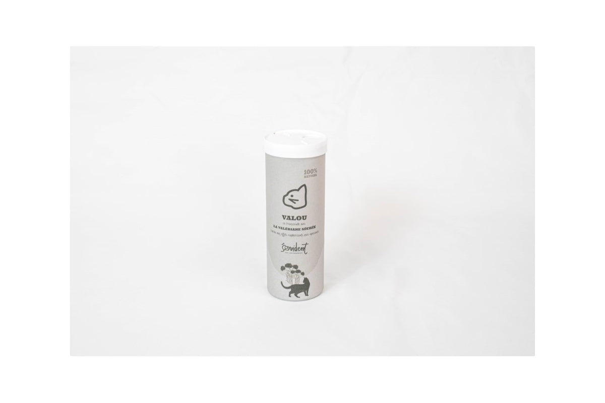 Flacon de valériane BIO séchée en poudre pour chats – EVIDENT, distributeur salière 90g.
