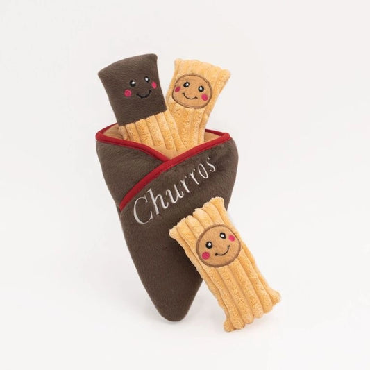 Jouet de fouille pour chien en forme de cornet de churros avec trois petits churros en peluche