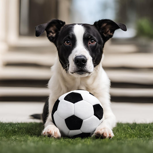 Image d'un chien jouant avec la balle de Football SportsBallz en peluche de Zippy Paws.