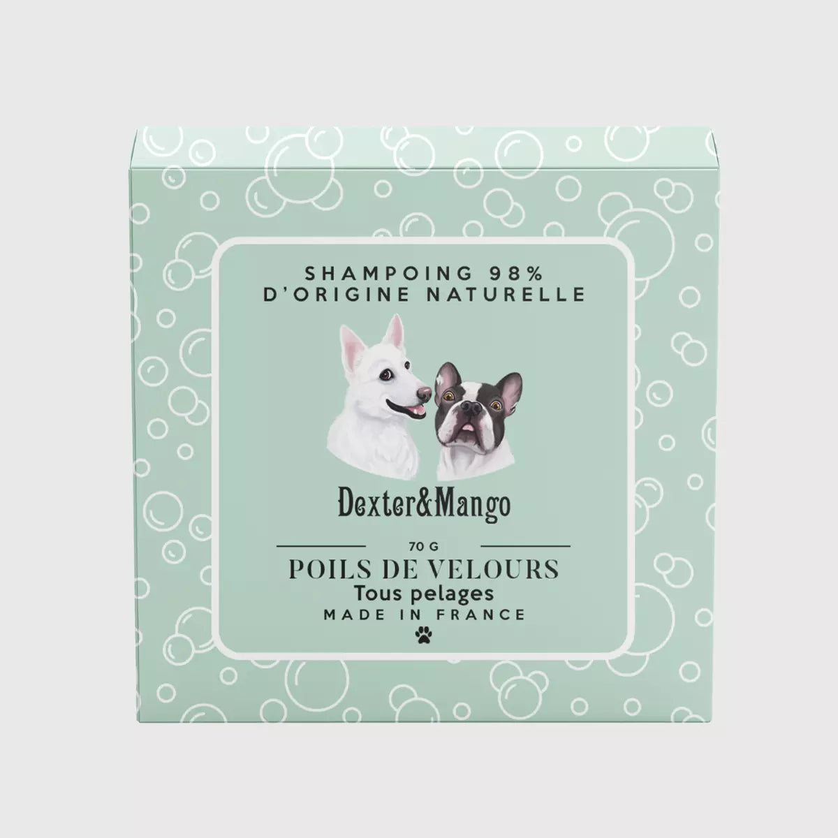 Shampoing solide pour chien Dexter&Mango! Riche en huiles et poudres végétales, le shampoing Poils de velours est formulé sans sulfate, sans parfum et est adapté à tous les pelages ! Il libère une mousse délicate et onctueuse. Shampoing solide pour chien 98% d’origine naturelle, vegan, cruelty free, eco-friendly et fabriqué en France avec amour ❤