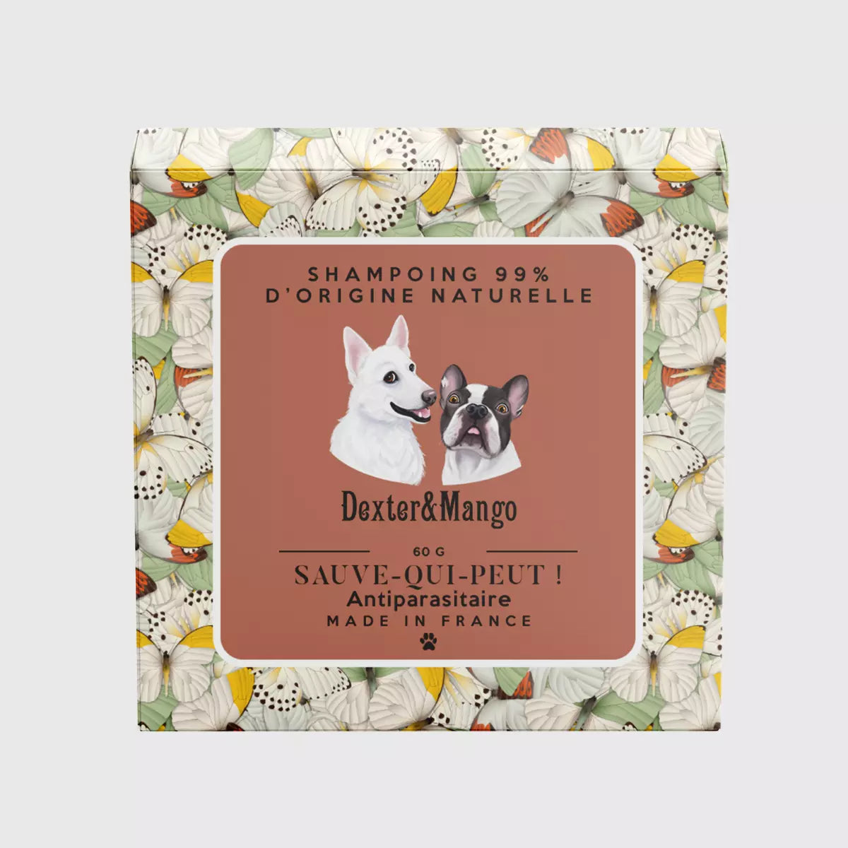 Shampoing solide antiparasitaire pour chien Dexter&Mango! Grâce à son actif insectifuge d'origine végétale et ses 6 huiles essentielles, le shampoing Sauve-qui-peut aura une action répulsive et protègera votre chien contre les puces et tiques. 99% d’origine naturelle, vegan, cruelty free, eco-friendly et fabriqué en France avec amour ❤