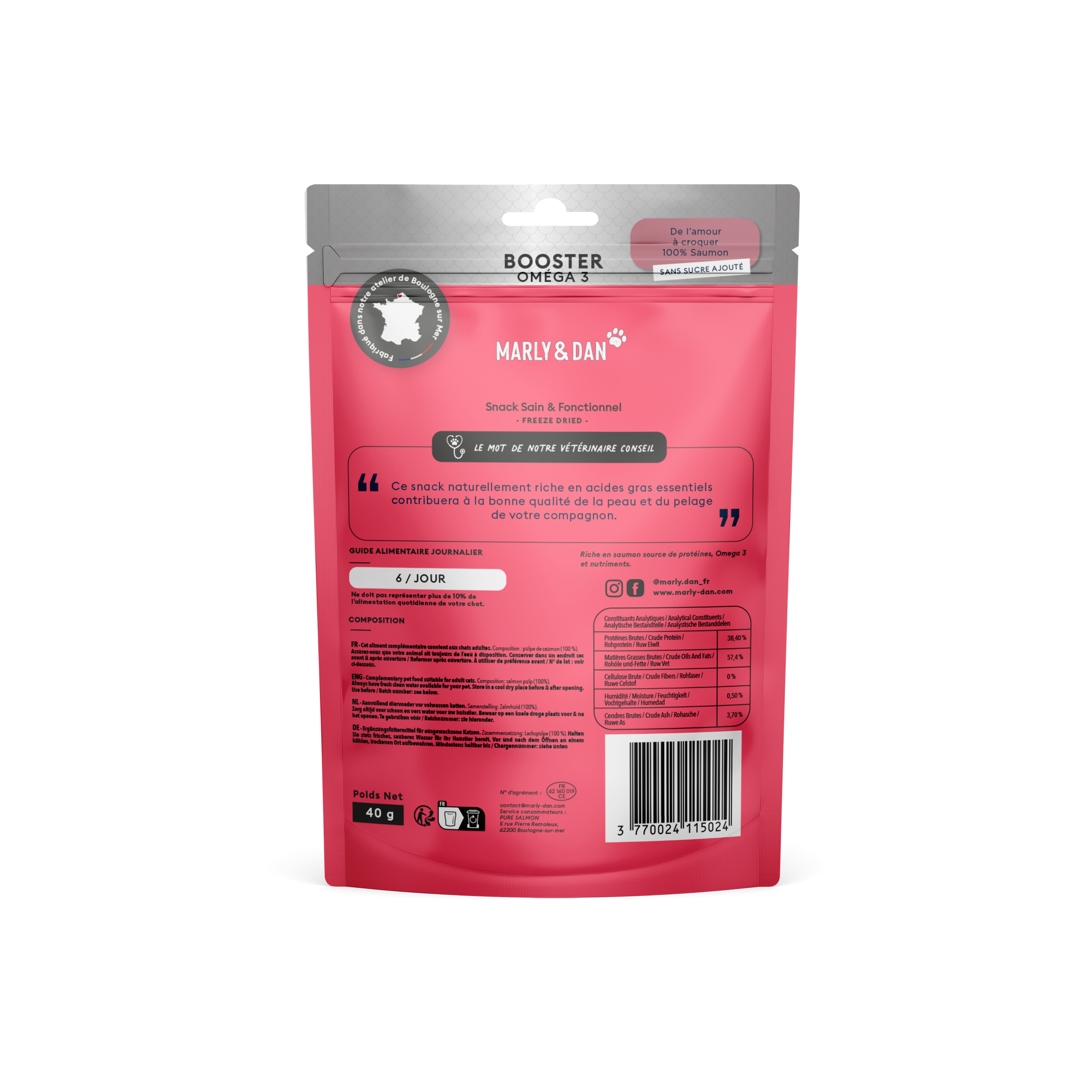 Snack 100% saumon lyophilisé pour chat - Booster OMEGA de Marly & Dan disponible chez Dog Delicat. Un régal sain pour votre chat avec les bienfaits du saumon. Achetez dès maintenant chez Dog Delicat, votre boutique en ligne de confiance.