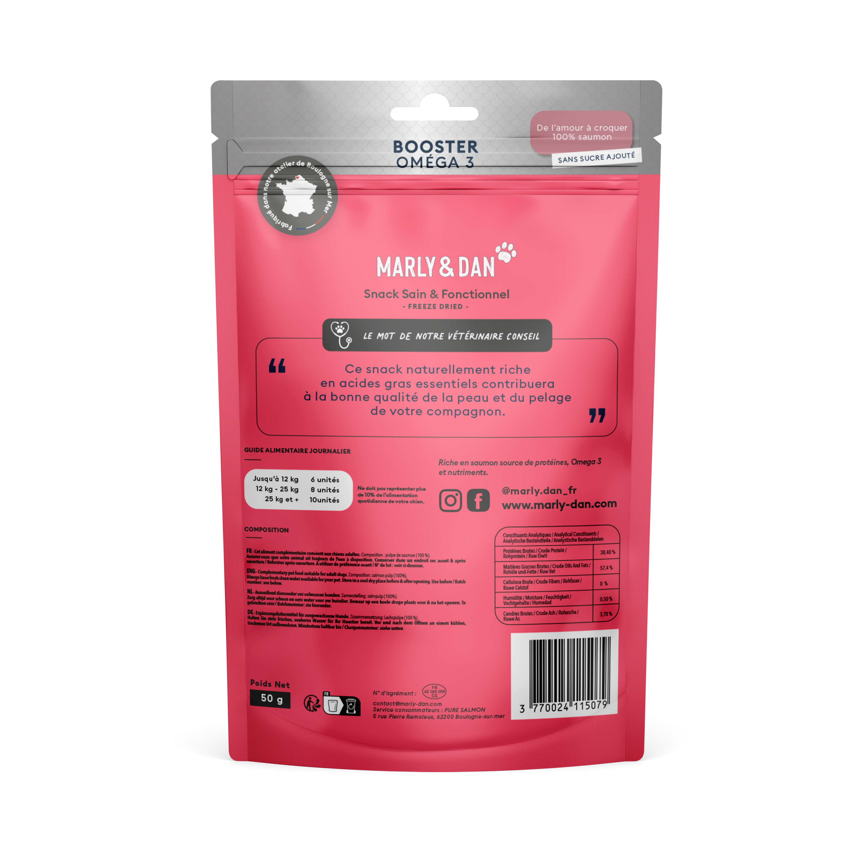 Snack 100% saumon lyophilisé pour chien - Booster OMEGA de Marly & Dan disponible chez Dog Delicat. Un régal sain pour votre chien avec les bienfaits du saumon. Achetez dès maintenant chez Dog Delicat, votre boutique en ligne de confiance.