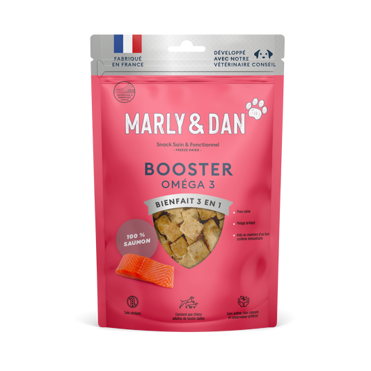 Snack 100% saumon lyophilisé pour chien - Booster OMEGA de Marly & Dan disponible chez Dog Delicat. Un régal sain pour votre chien avec les bienfaits du saumon. Achetez dès maintenant chez Dog Delicat, votre boutique en ligne de confiance.