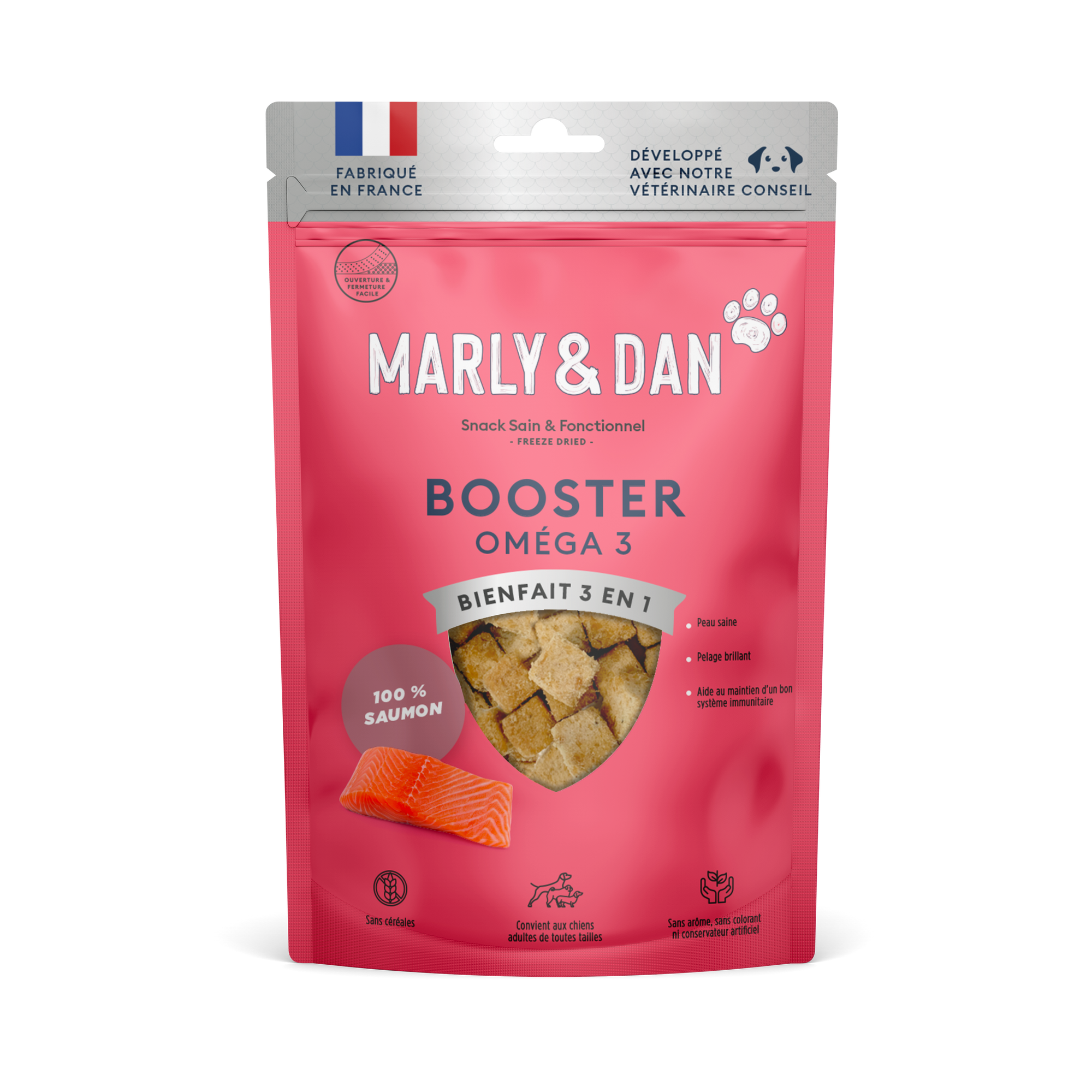 Snack 100% saumon lyophilisé pour chien - Booster OMEGA de Marly & Dan disponible chez Dog Delicat. Un régal sain pour votre chien avec les bienfaits du saumon. Achetez dès maintenant chez Dog Delicat, votre boutique en ligne de confiance.
