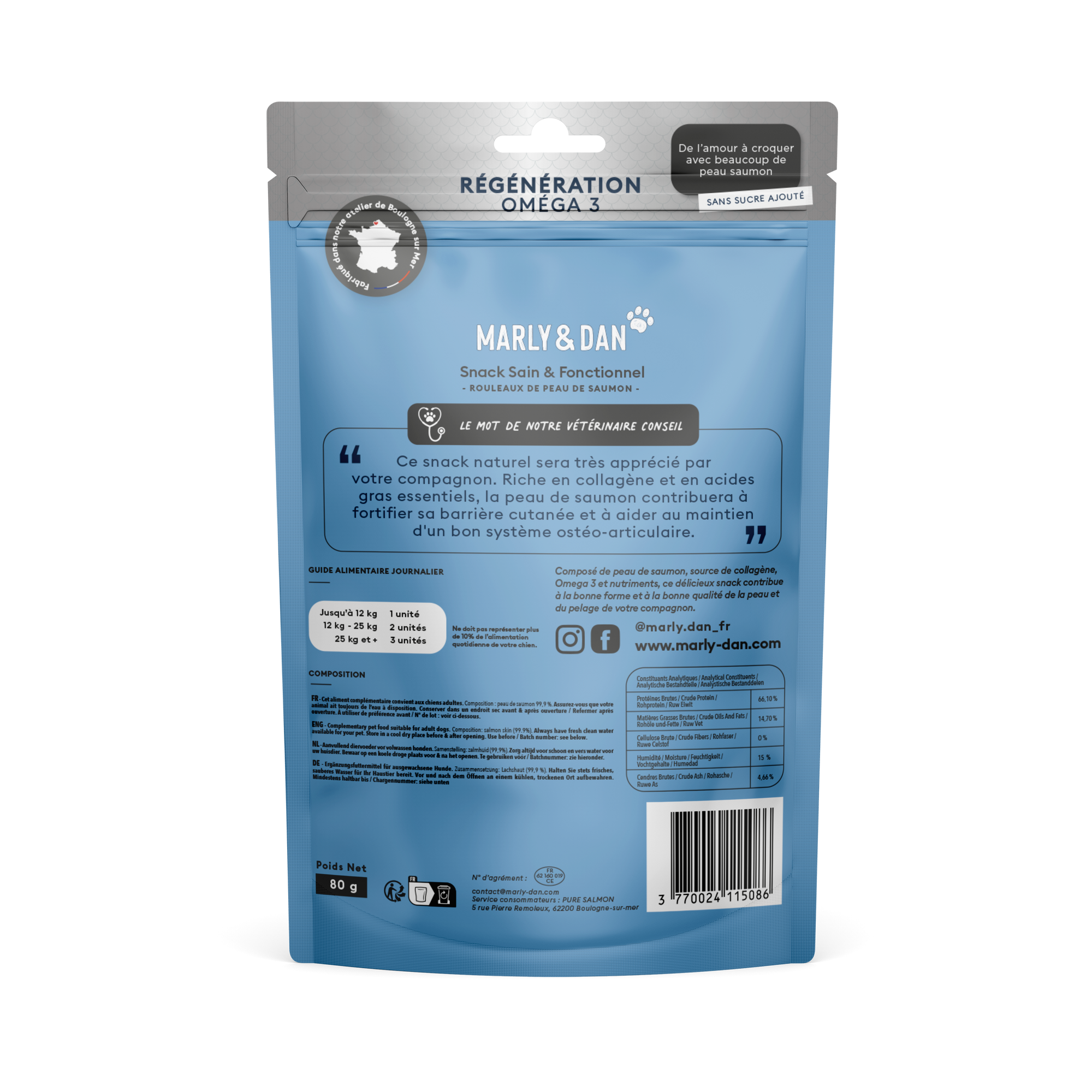 Rouleaux de peaux de saumon pour chien - Régénération oméga 3 disponibles chez Dog Delicat. Snacks naturels riches en collagène et en acides gras essentiels pour une peau saine et un pelage brillant.