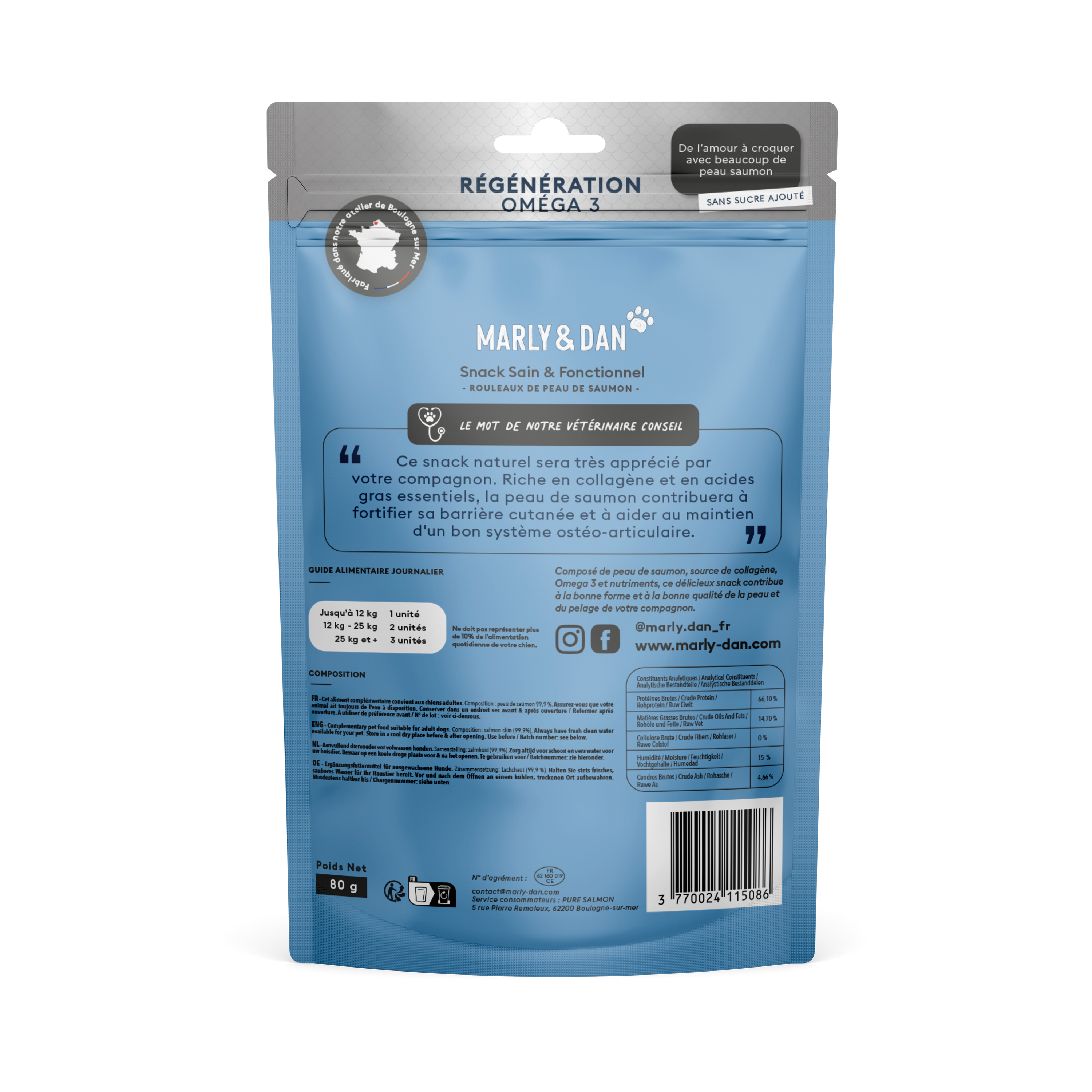 Rouleaux de peaux de saumon pour chien - Régénération oméga 3 disponibles chez Dog Delicat. Snacks naturels riches en collagène et en acides gras essentiels pour une peau saine et un pelage brillant.