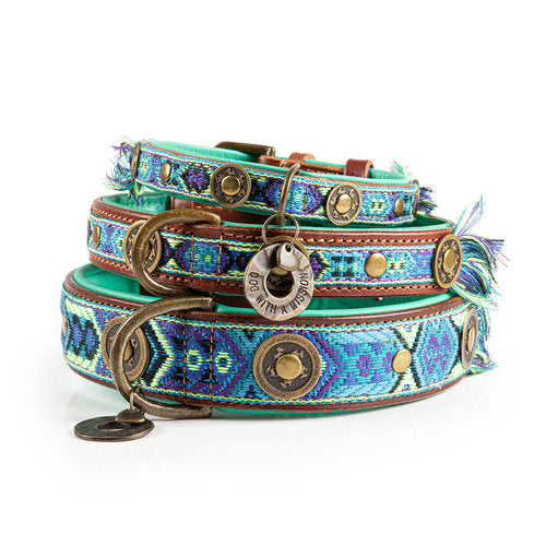 Collier chien cuir bleu bohème DWAM