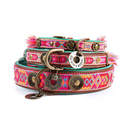 Collier chien cuir rose bohème DWAM