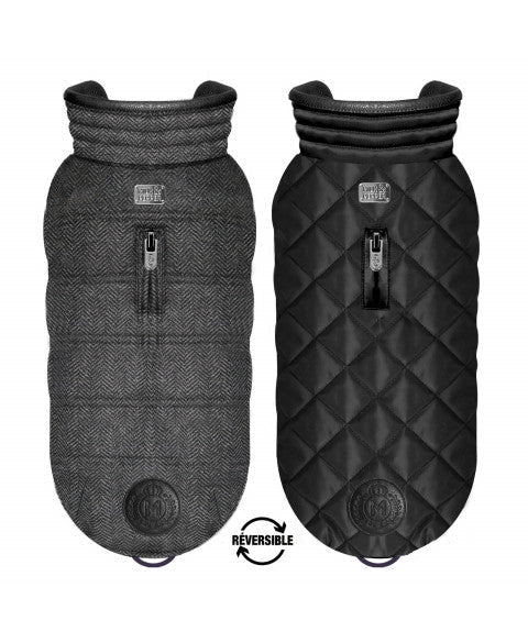 Doudoune réversible Chevron & Damier noir – Chic graphique pour chien - MILK&PEPPER - DOG DéliCAT