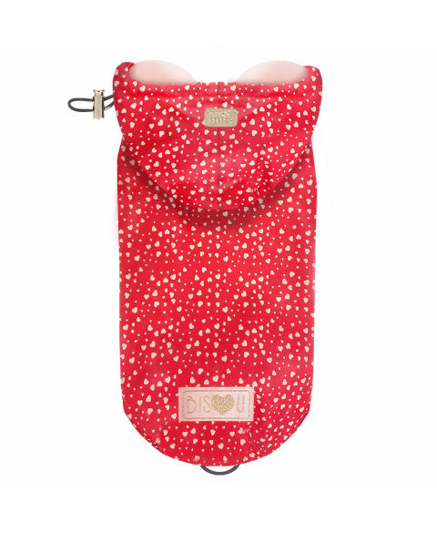 Imperméable Cyrielle Cœurs Rouge - Milk & Pepper - Accessoire pour chiens imperméable avec capuche rouge et imprimé cœurs roses.