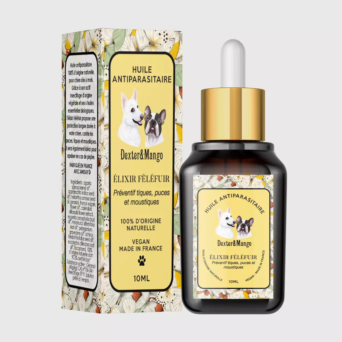 Huile antiparasitaire pour chien Dexter & Mango! Grâce à son actif insectifuge d'origine végétale et ses 6 huiles essentielles biologiques, l'Elixir Félèfuir propose une protection longue durée contre les puces, tiques et moustiques. 100% d’origine naturelle, vegan, cruelty free, eco-friendly et fabriquée en France avec amour ❤